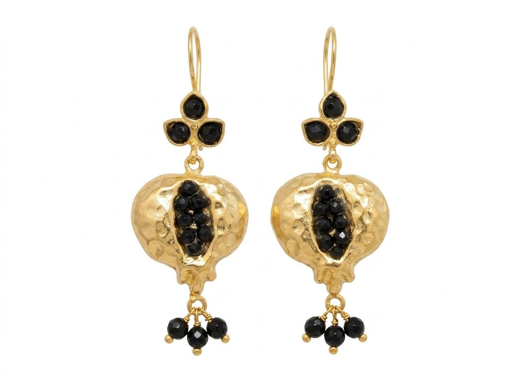 Onyx Pomegranate Earrings. Gold Plated Turkish Chandelier. Elegant Boho Style Ottoman Statement Jewelry.