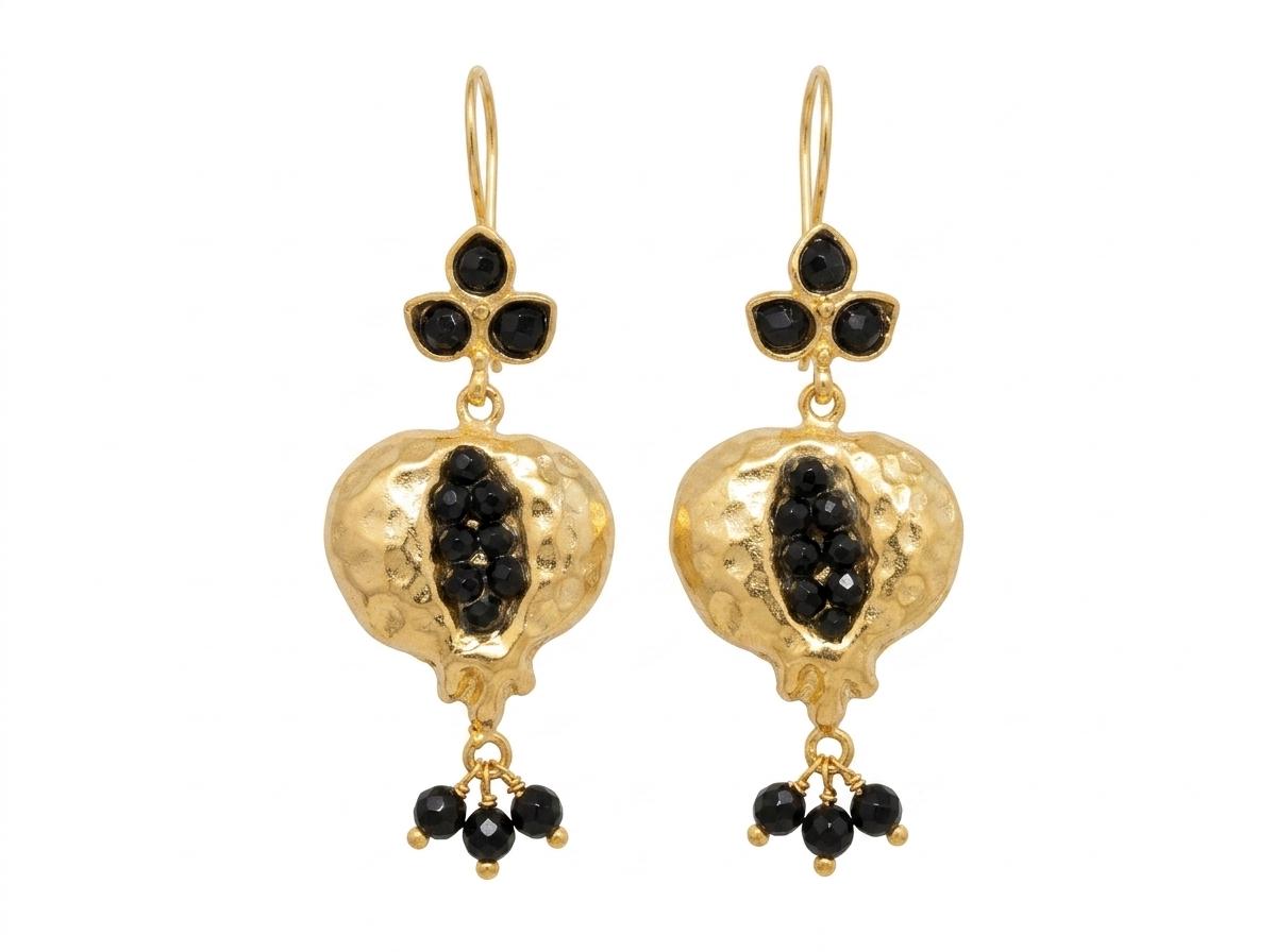 Onyx Pomegranate Earrings. Gold Plated Turkish Chandelier. Elegant Boho Style Ottoman Statement Jewelry.