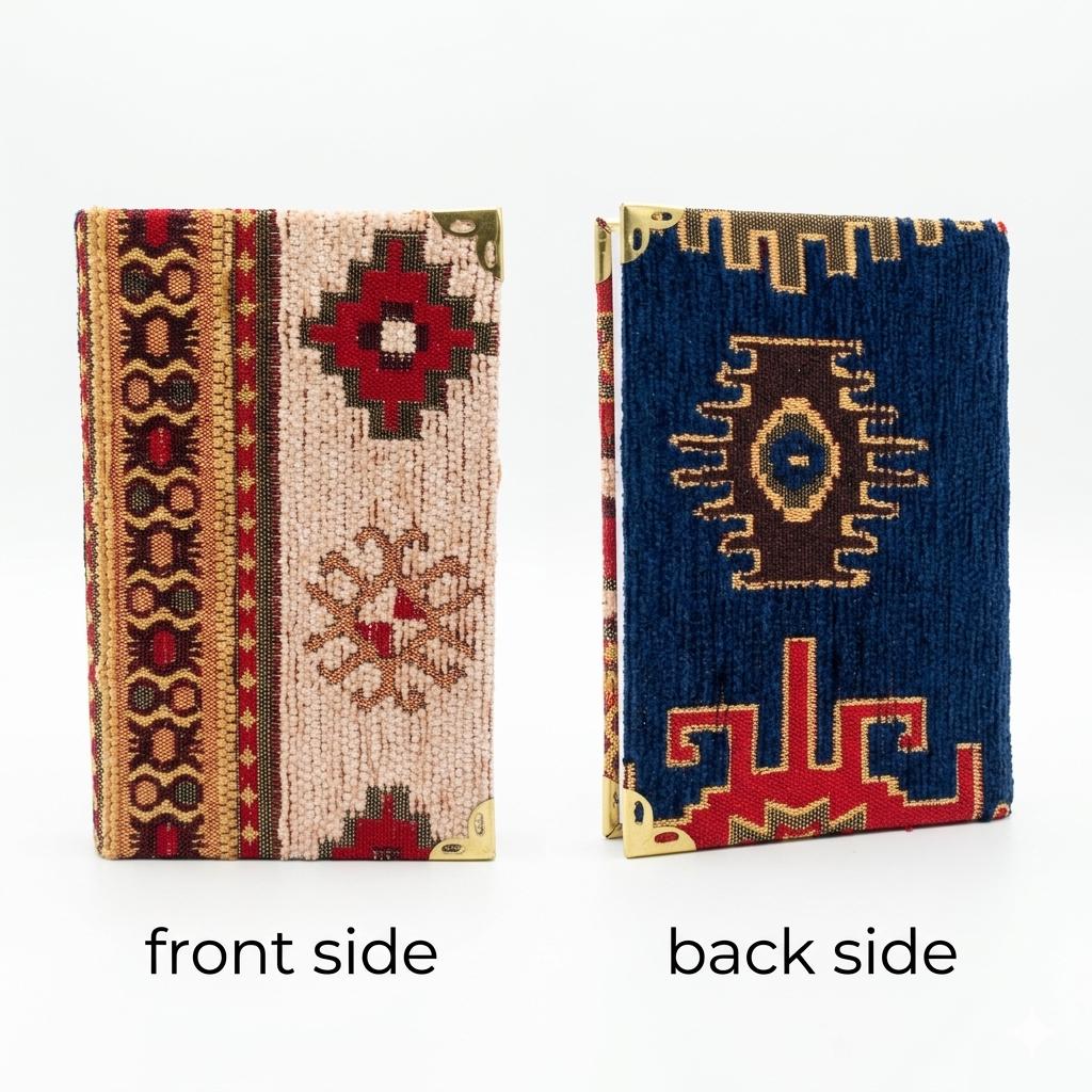 Handmade Turkish Rug Fabric Journal, Woven Kilim Pattern, Lined Notepad