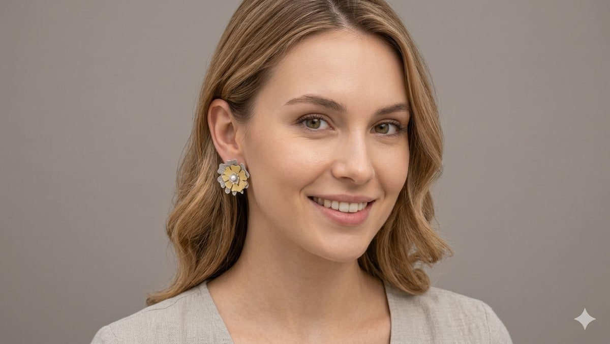 Mixed Metal Flower Stud Earrings, Turkish Inspired Brass, Gold Silver Plated, Hypoallergenic Jewelry