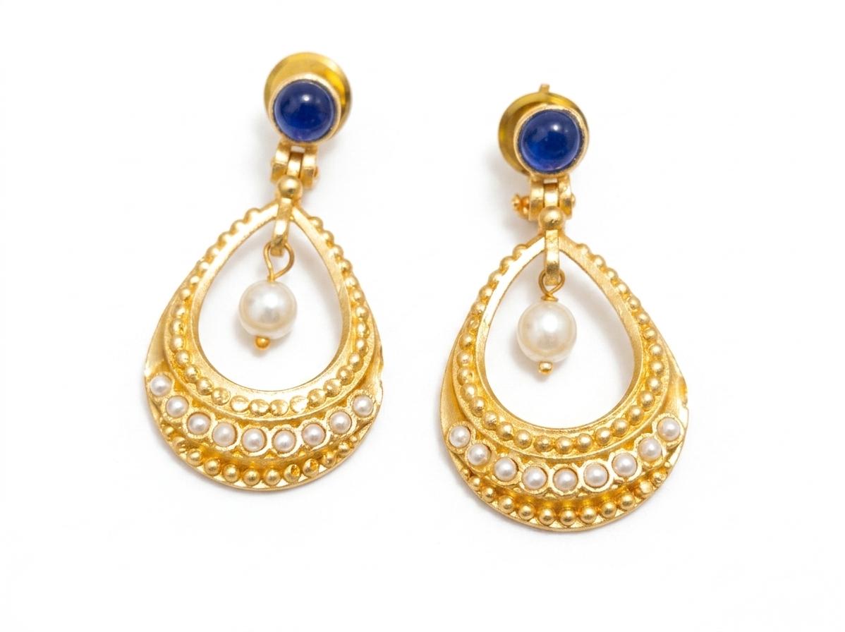 Sophisticated Blue Agate & Pearl Teardrop Hoop Earrings - Gold-Plated Brass Turkish-Inspired Design - Hypoallergenic - Lightweight - Gift
