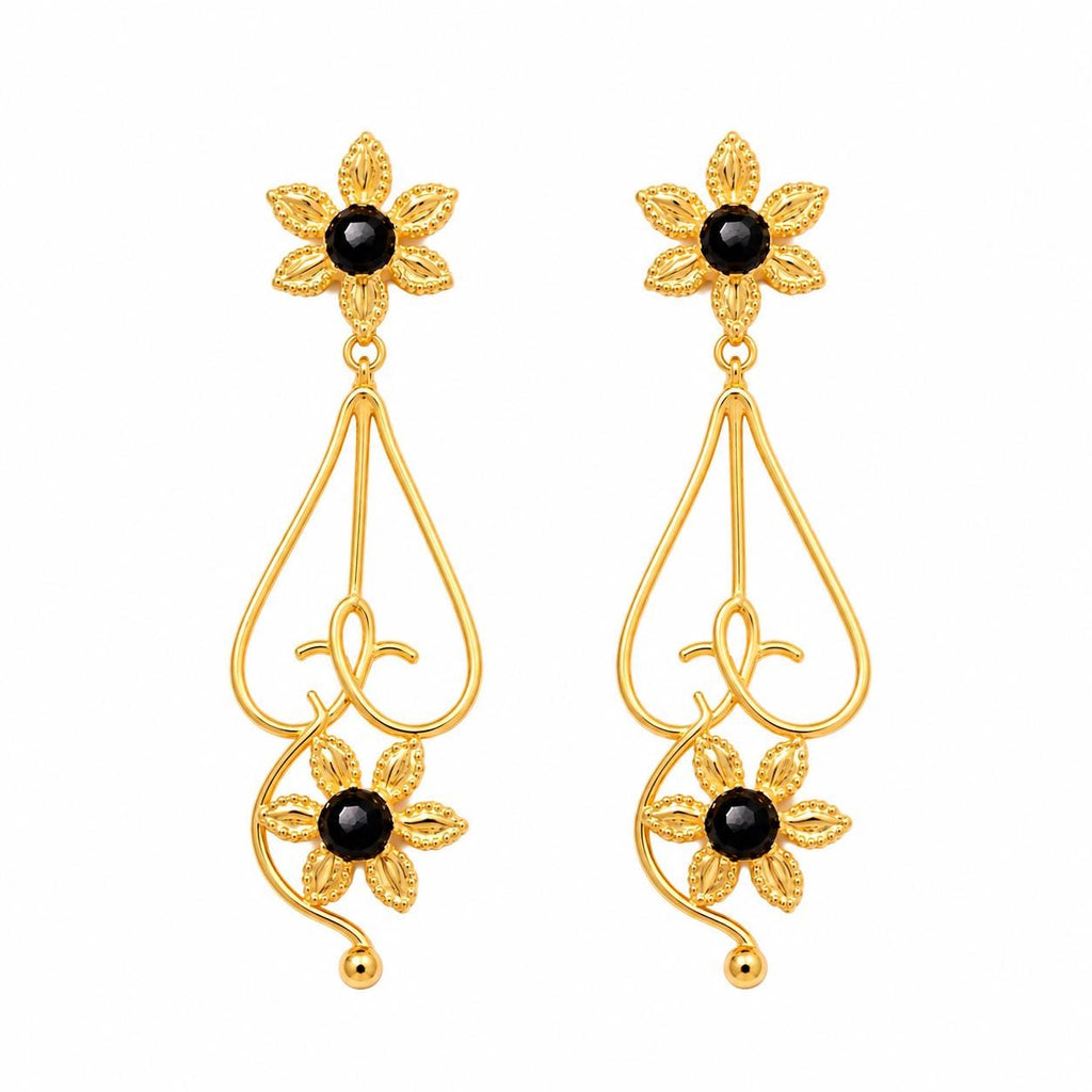 Gold Plated Floral Dangle Earrings with Black Agate – Hypoallergenic Statement Jewelry