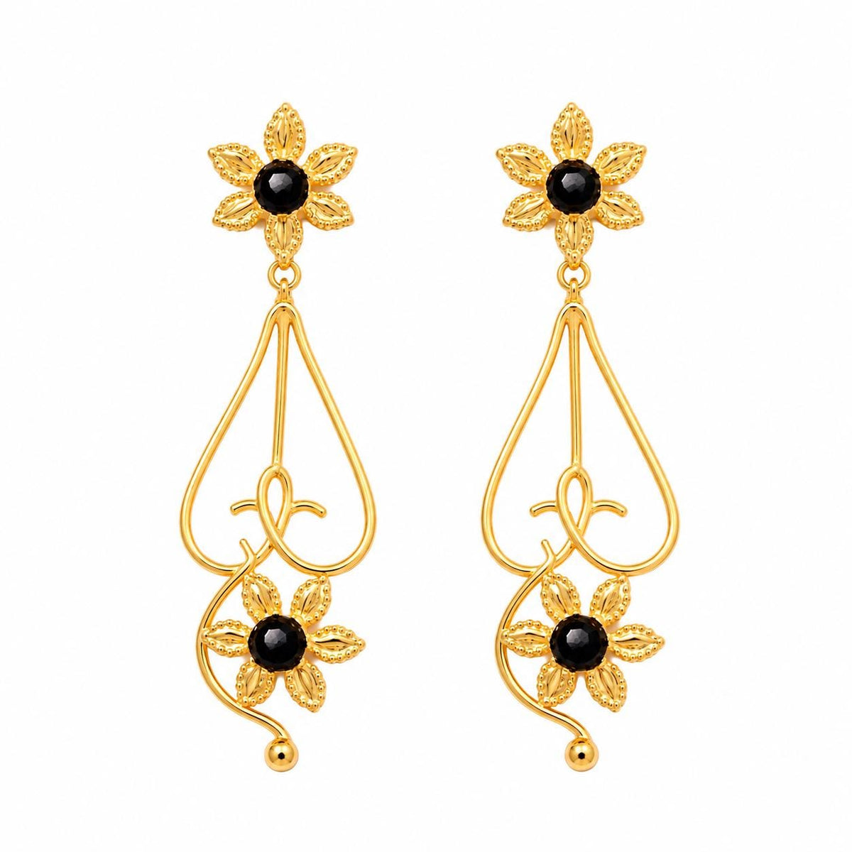 Gold Plated Floral Dangle Earrings with Black Agate – Hypoallergenic Statement Jewelry