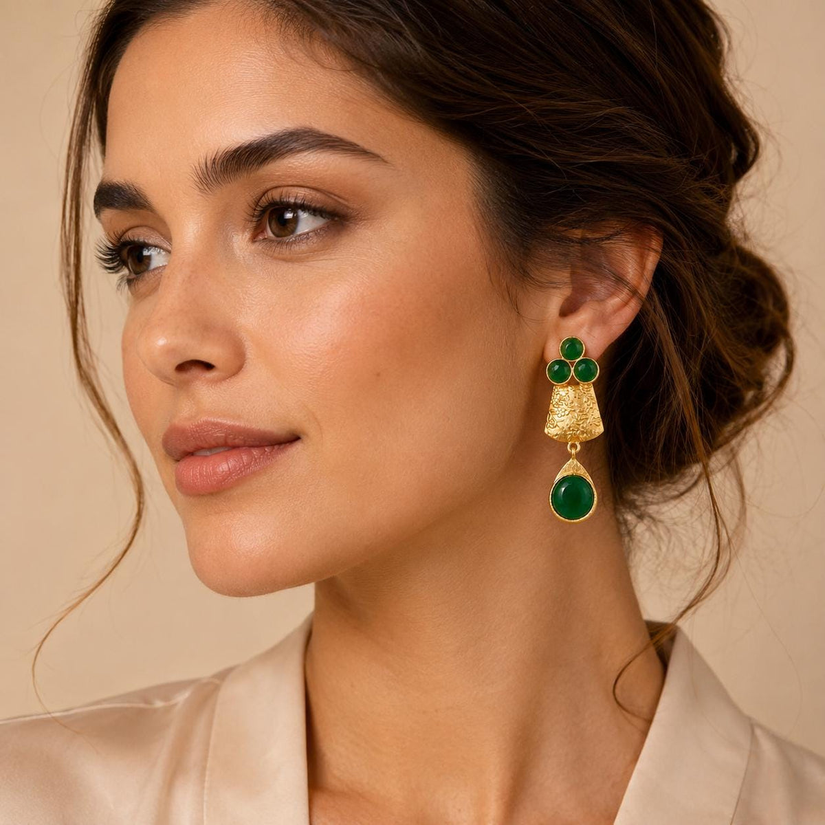 Green Agate Daisy Earrings, Gold Plated Floral Dangle, Hypoallergenic Studs, Botanical Gift for Her.