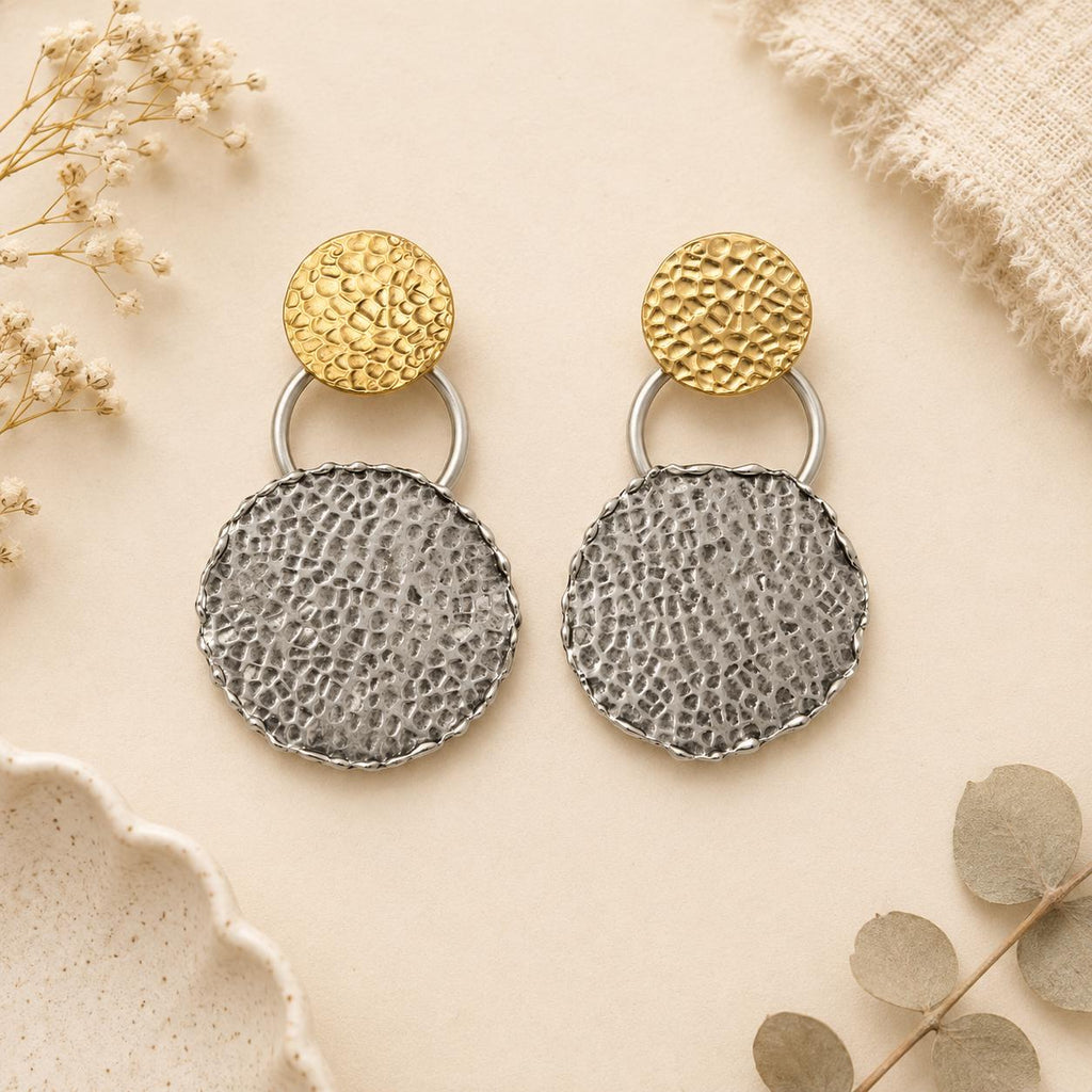 Turkish-Inspired Geometric Brass Dangle Earrings, Matte Gold Silver Plating