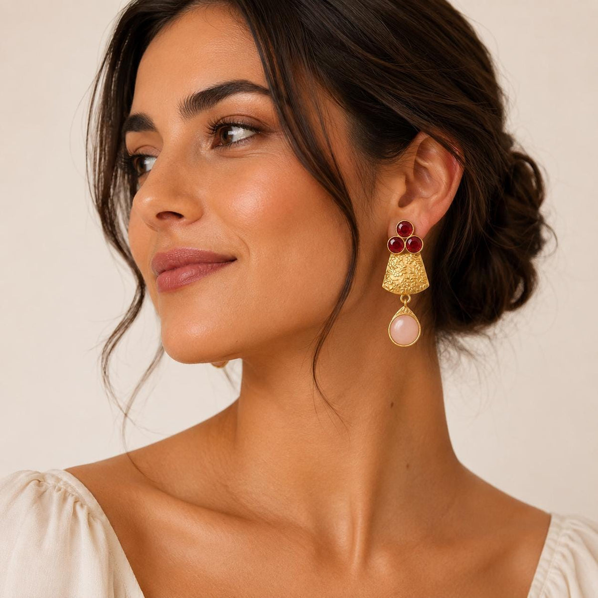 Gold Plated Floral Gemstone Earrings – Rose Quartz, Garnet, Hypoallergenic Design