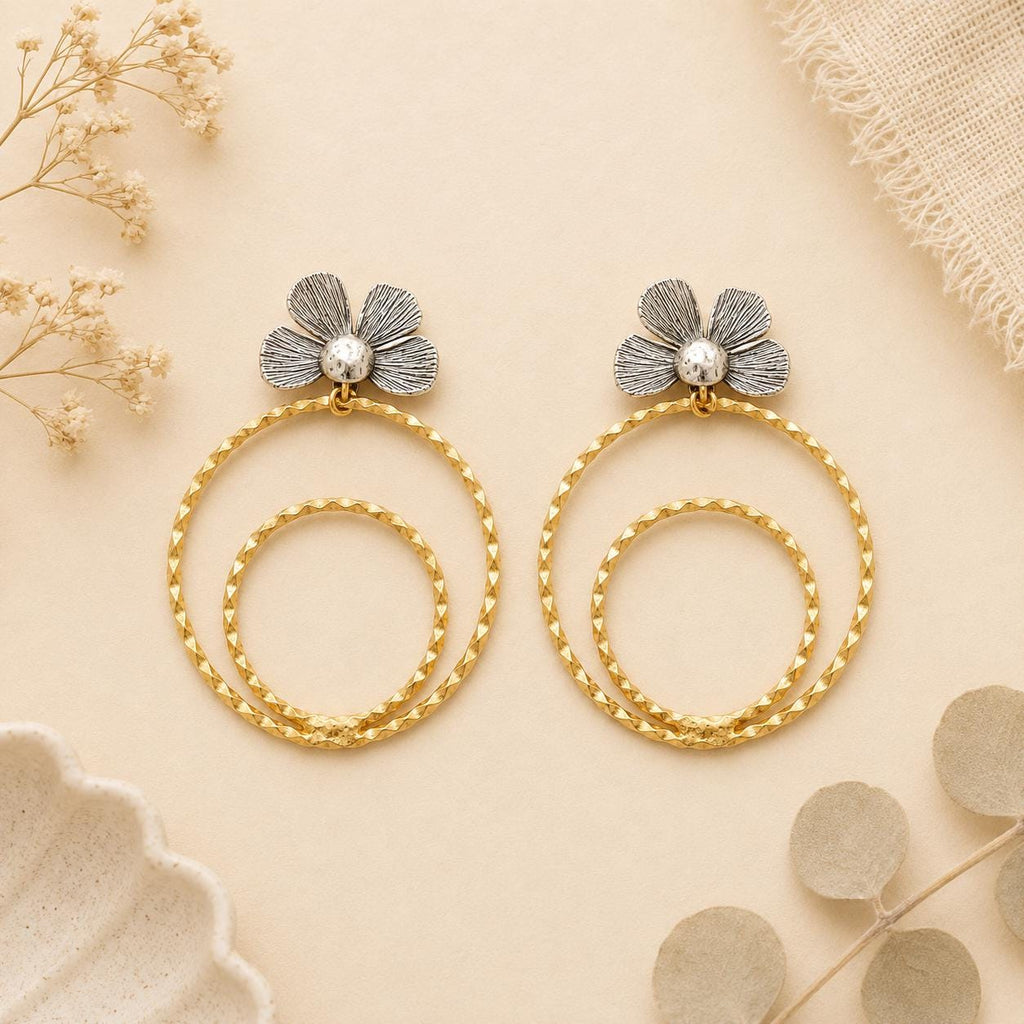 Elegant Turkish Flower Hoop Earrings, Unique Matte Gold Silver Dangle Studs