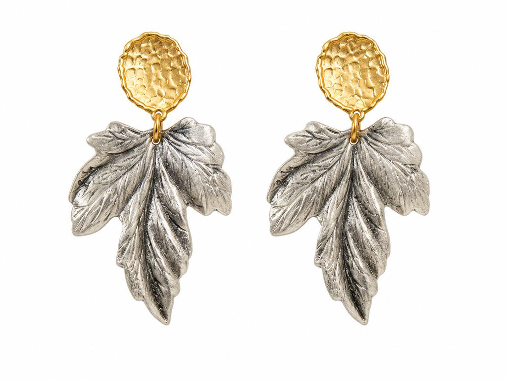 Mixed Metal Leaf Dangle Earrings, Hypoallergenic Turkish Brass Botanical Jewelry