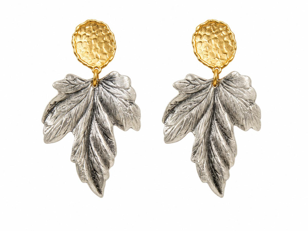 Mixed Metal Leaf Dangle Earrings, Hypoallergenic Turkish Brass Botanical Jewelry