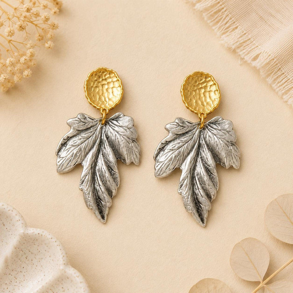 Mixed Metal Leaf Dangle Earrings, Hypoallergenic Turkish Brass Botanical Jewelry