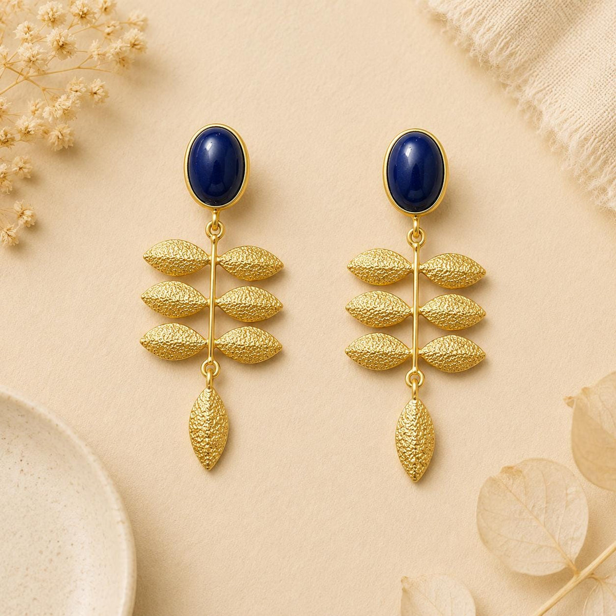 Blue Agate Leaf Earrings – Gold Plated Botanical Statement Jewelry