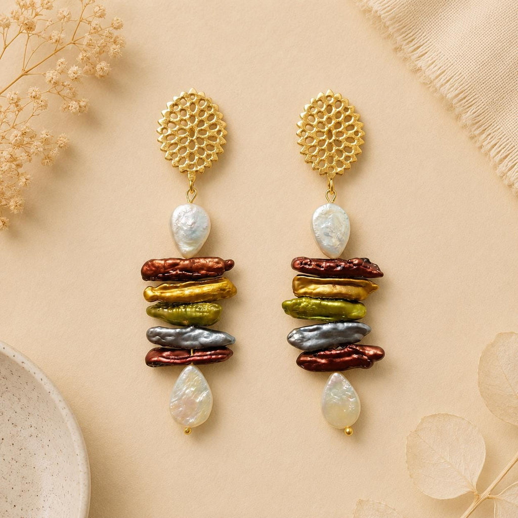 Multicolour Pearl Dangle Earrings - Gold Plated Brass - Hypoallergenic - Stud and Dangle Styles -