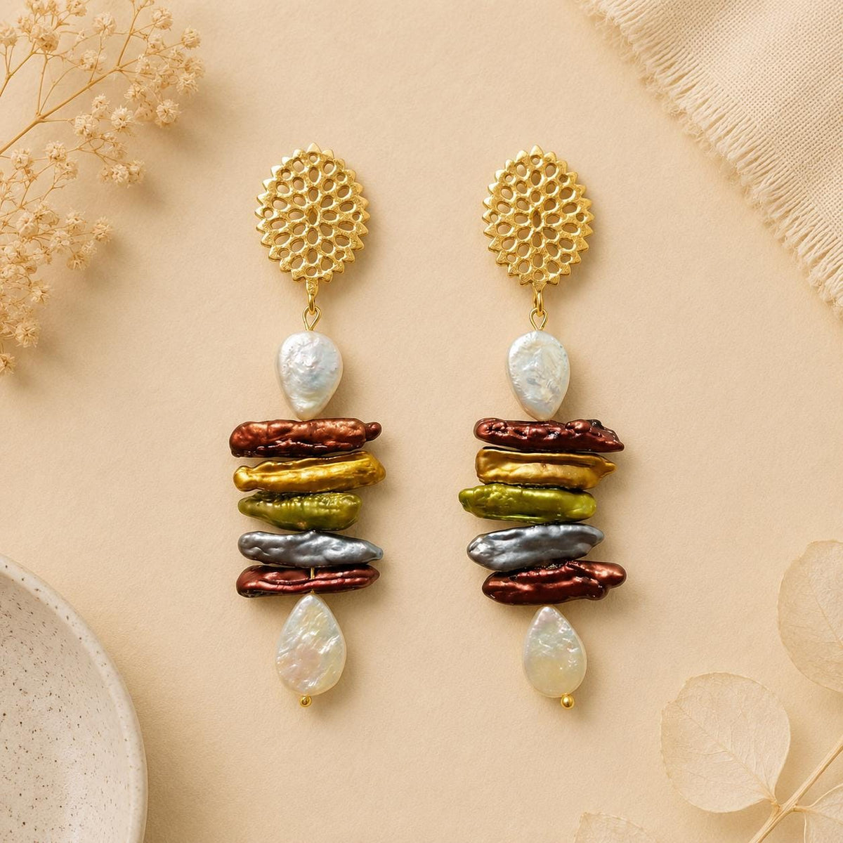 Multicolour Pearl Dangle Earrings - Gold Plated Brass - Hypoallergenic - Stud and Dangle Styles -