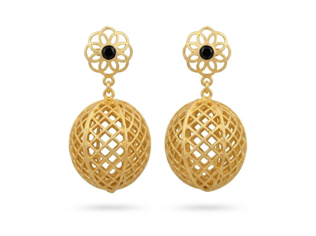 Gold Plated Brass Dangle Earrings, Black Agate, Boho Gypsy