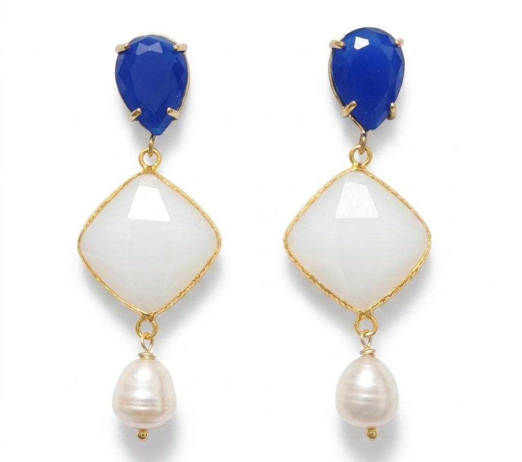 Gold Plated Dangle Earrings, Blue White Agate, Freshwater Pearls, Bridal Jewelry