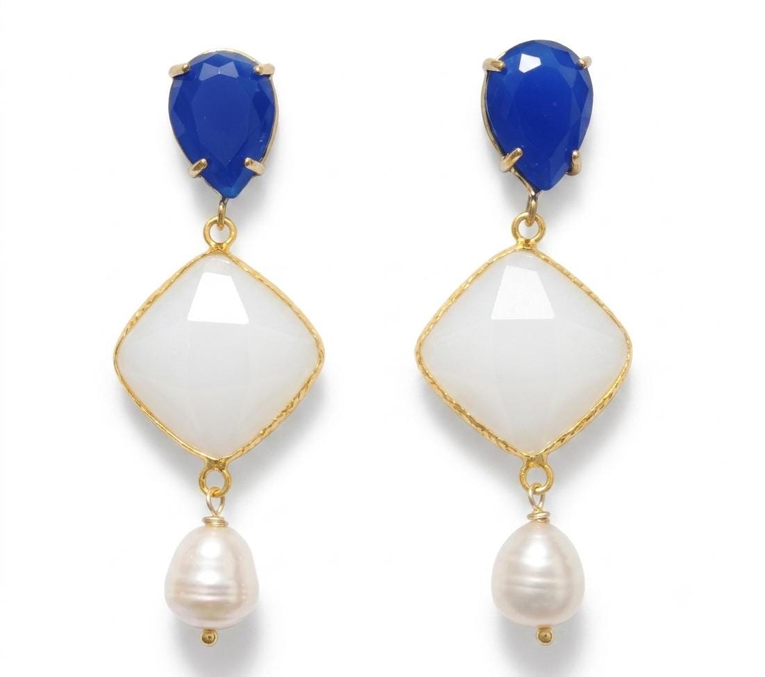 Gold Plated Dangle Earrings, Blue White Agate, Freshwater Pearls, Bridal Jewelry