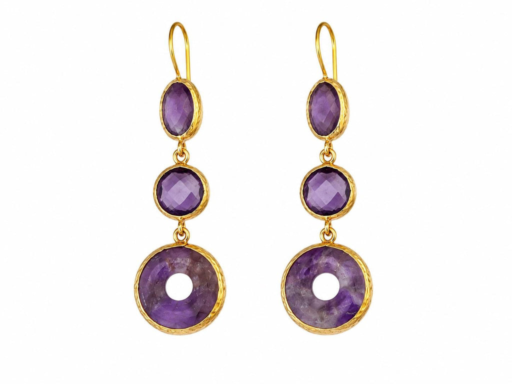 Amethyst Dangle Earrings – Gold Plated Brass, Oval Round Donut Gemstone Jewelry