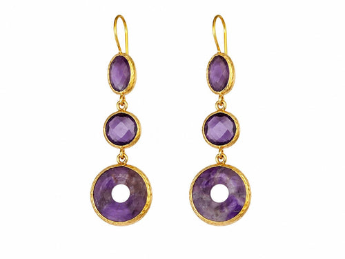 Amethyst Dangle Earrings – Gold Plated Brass, Oval Round Donut Gemstone Jewelry