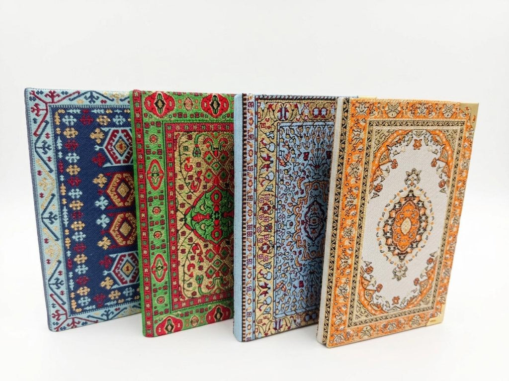 Handmade Multicolor Turkish Kilim Inspired Notebook with Brass Corners and Raffia Bag