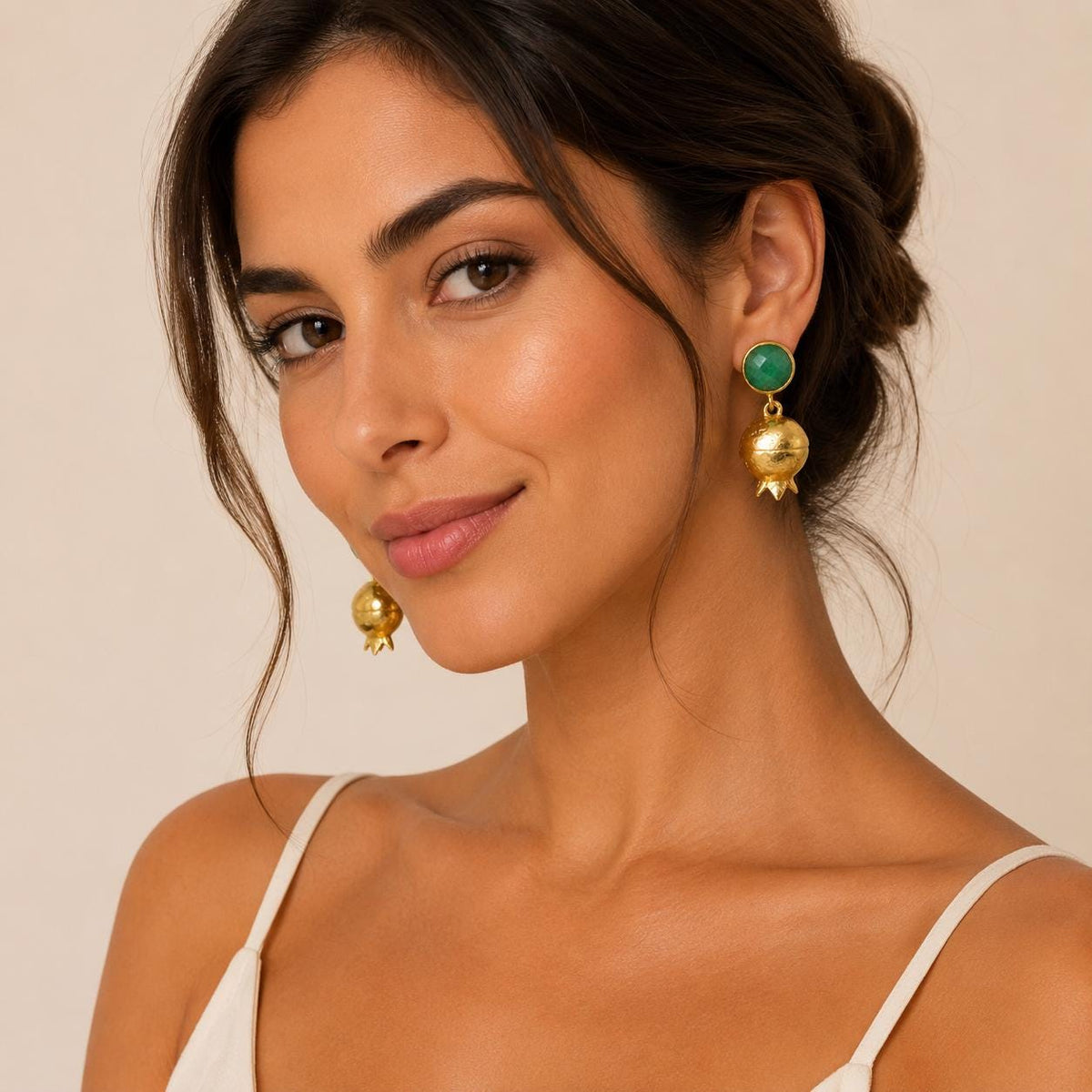 Handmade Pomegranate Earrings, Green Jade, Gold Plated Bronze, Turkish Boho Earrings