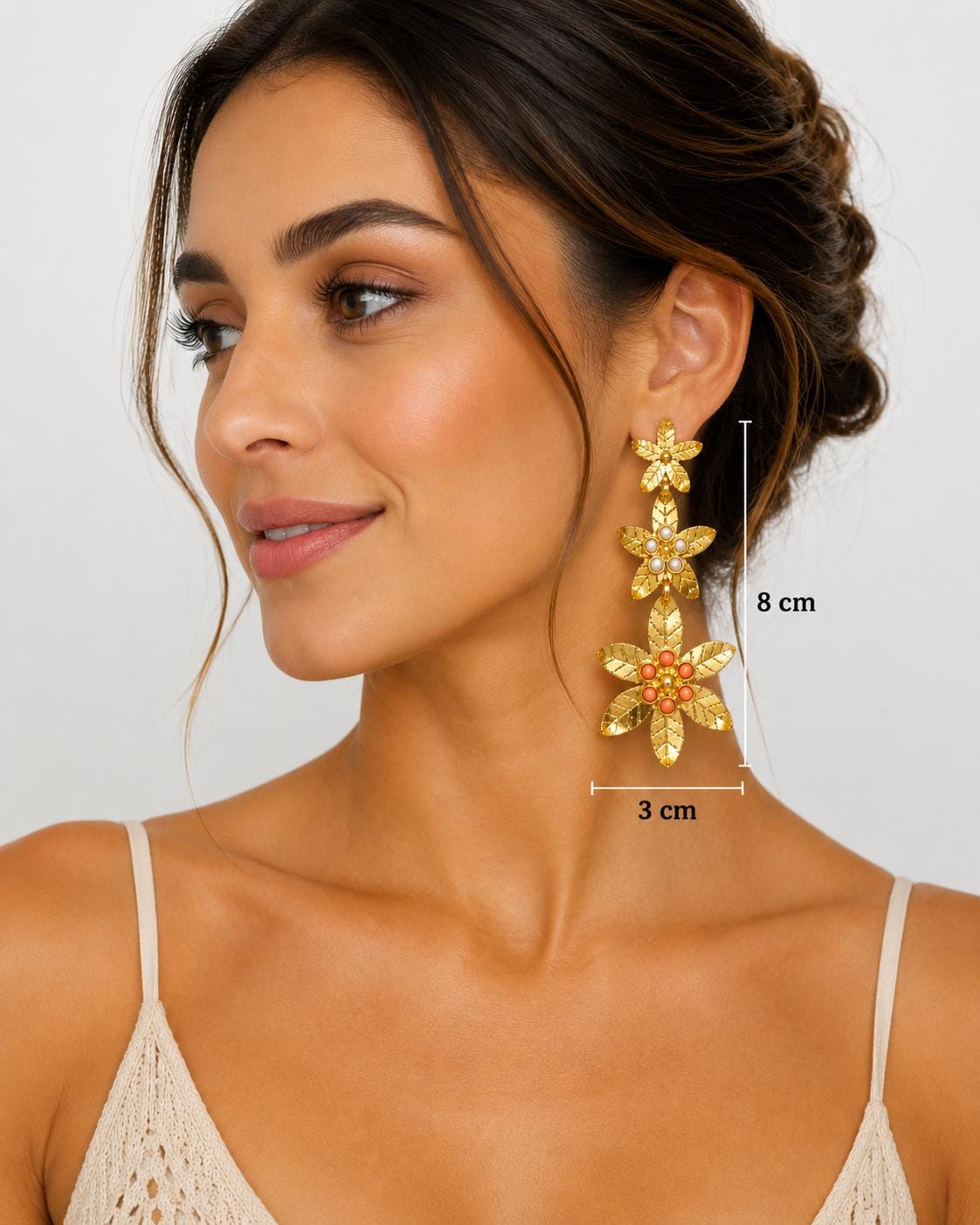 Gold Plated Coral Pearl Flower Earrings, Ottoman Style Bridal Earrings, Flamenco Statement Jewelry