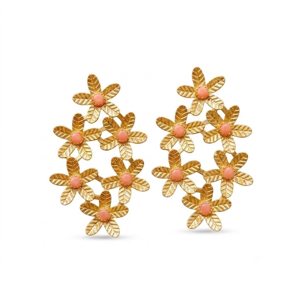 Rhinestone Salmon Flower Earrings, Gold Plated Bougainvillea Earrings