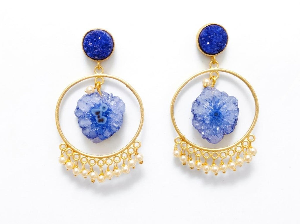 Gold Plated Hoop Earrings, Blue Druzy and Solar Quartz, Boho Style