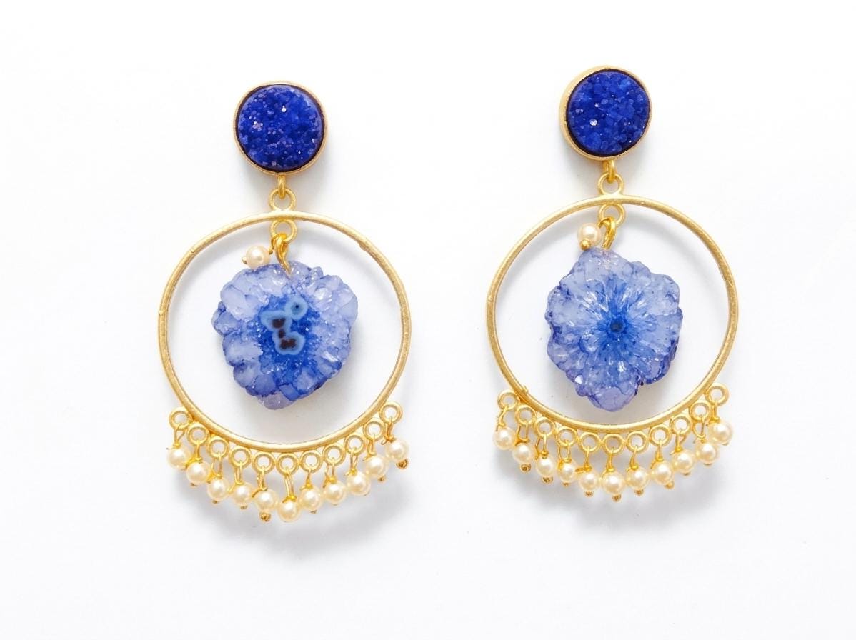 Gold Plated Hoop Earrings, Blue Druzy and Solar Quartz, Boho Style