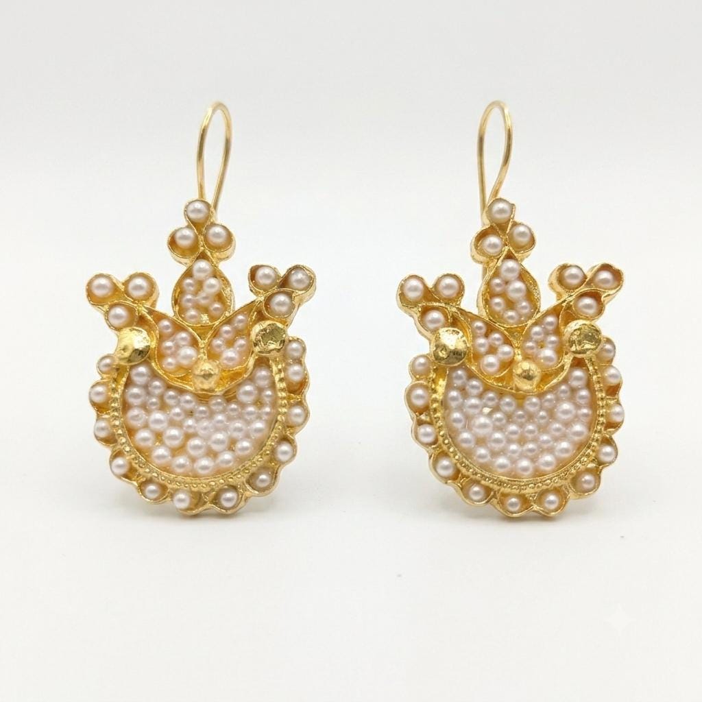 Ottoman Pearl Tulip Earrings – Gold-Plated Chandelier Dangle Jewelry