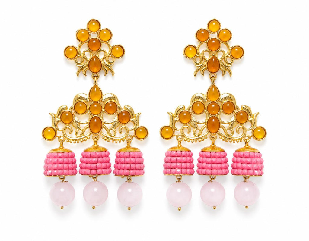 Gold-Plated Flamenco Earrings, Amber Agate, Rose Quartz, Acetate Bells, Hypoallergenic Brass