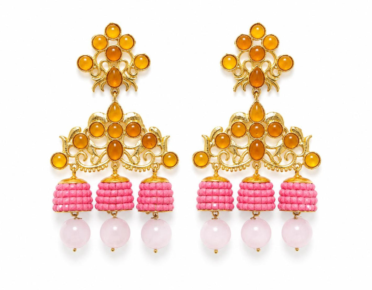 Gold-Plated Flamenco Earrings, Amber Agate, Rose Quartz, Acetate Bells, Hypoallergenic Brass