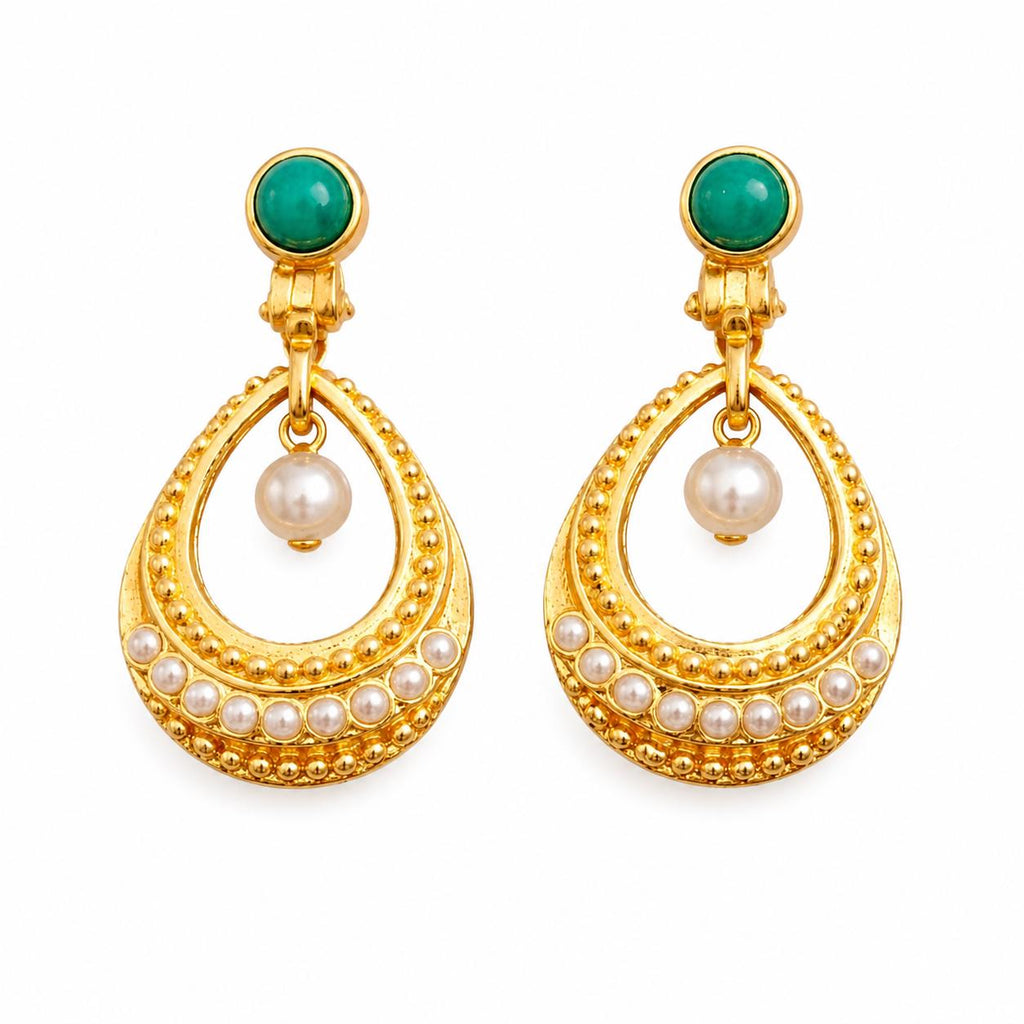 Gold-Plated Turkish Hoop Earrings – Blue Howlite, Faux Pearls, Hypoallergenic