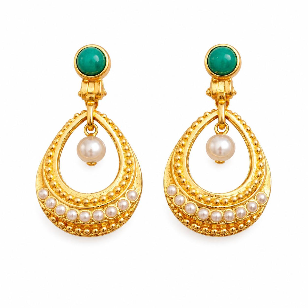 Gold-Plated Turkish Hoop Earrings – Blue Howlite, Faux Pearls, Hypoallergenic