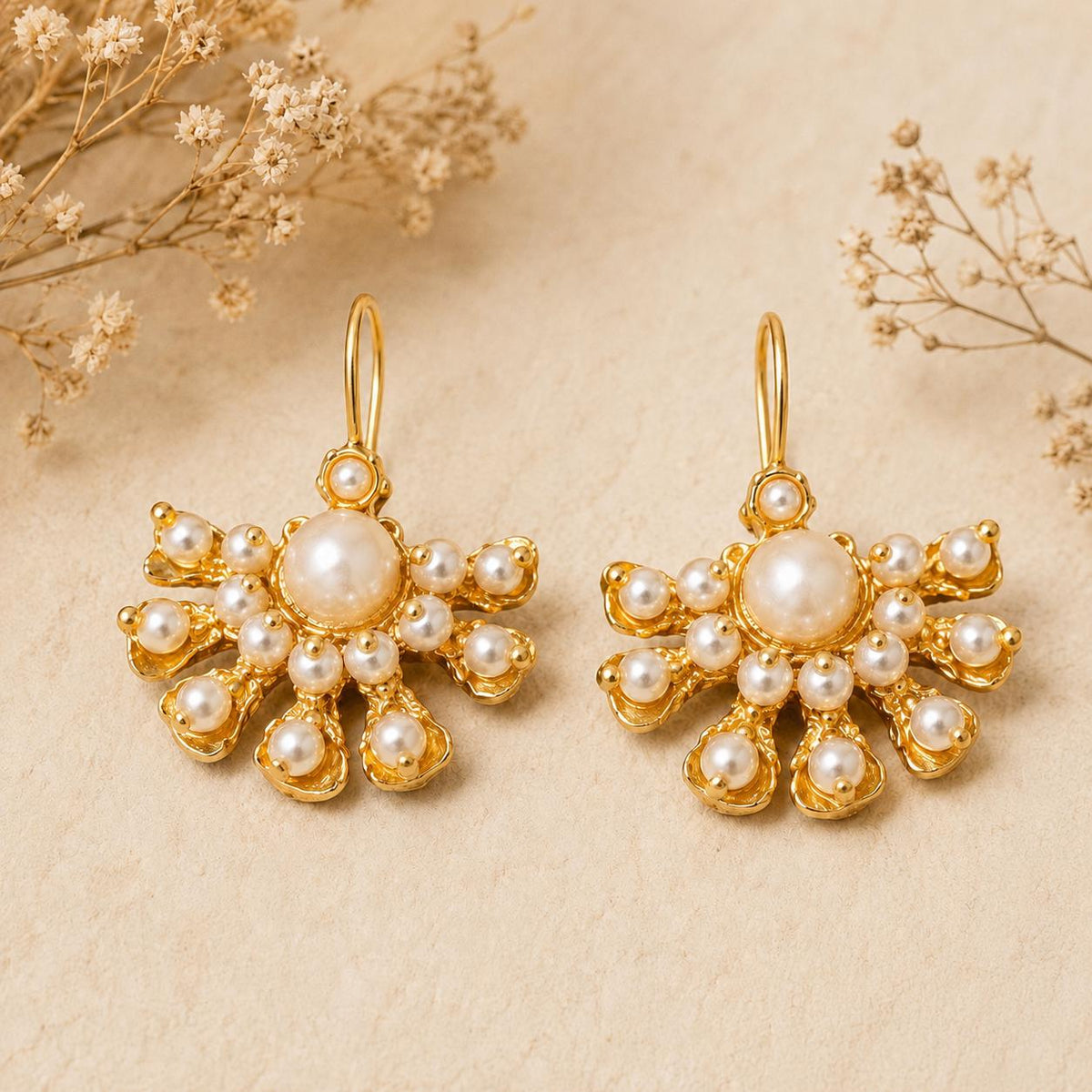 Elegant Ottoman-Inspired Gold Plated Chandelier Earrings with Pearls, Lightweight Bridal Jewelry for Special Occasions