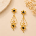 Gold Plated Floral Dangle Earrings with Black Agate – Hypoallergenic Statement Jewelry