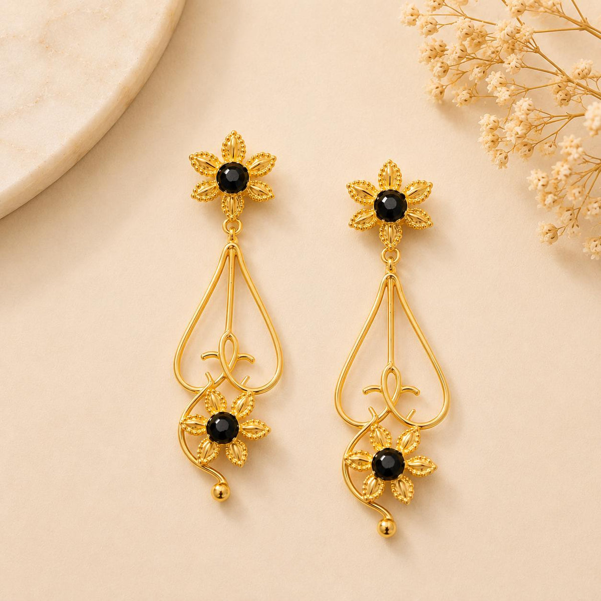 Gold Plated Floral Dangle Earrings with Black Agate – Hypoallergenic Statement Jewelry