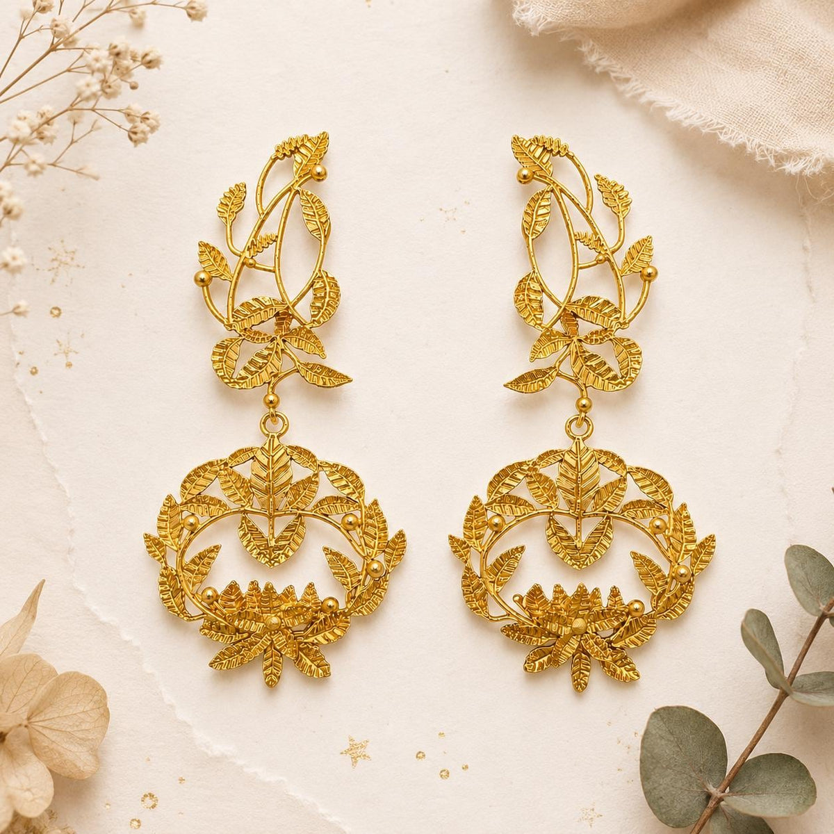 Gold Leaf Earrings Chandelier Dangle, Botanical Statement Jewelry, Lightweight Elegant Gift for Her