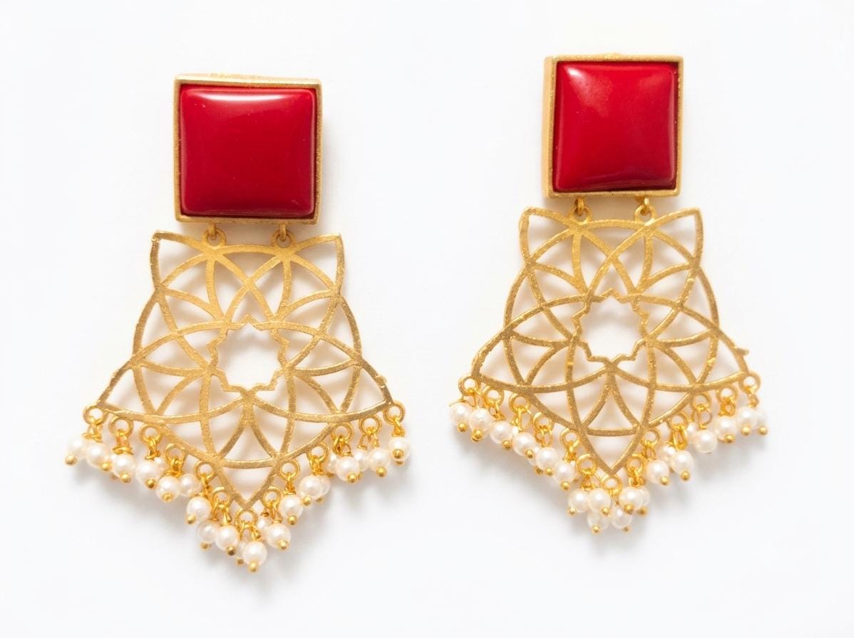 Gold Filigree Coral Pearl Chandelier Earrings, Spanish Flamenco Design