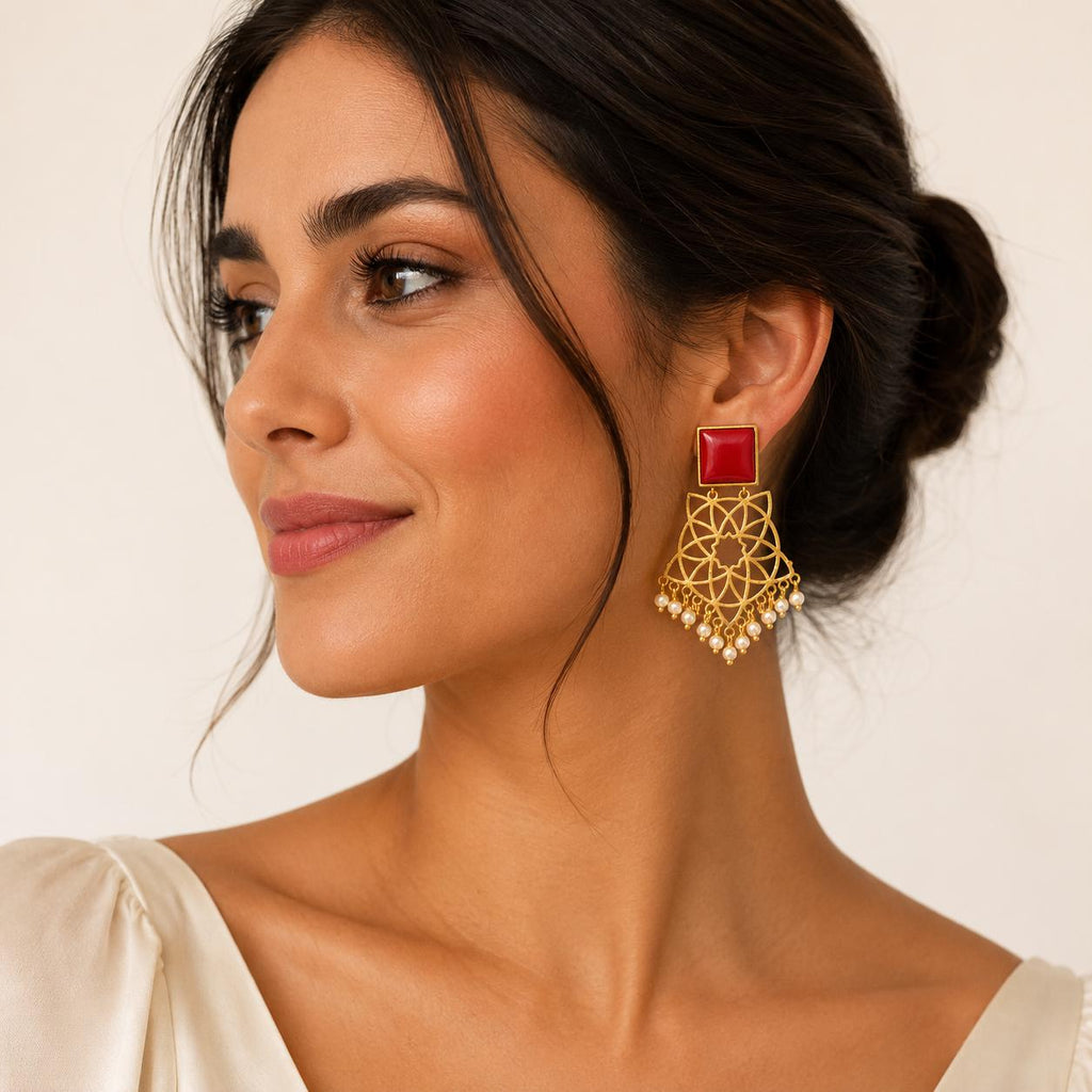 Gold Filigree Coral Pearl Chandelier Earrings, Spanish Flamenco Design