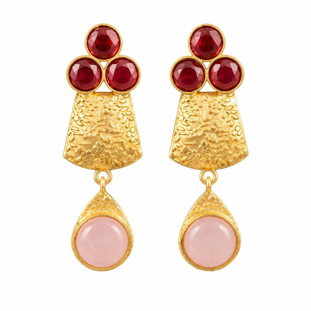 Gold Plated Floral Gemstone Earrings – Rose Quartz, Garnet, Hypoallergenic Design