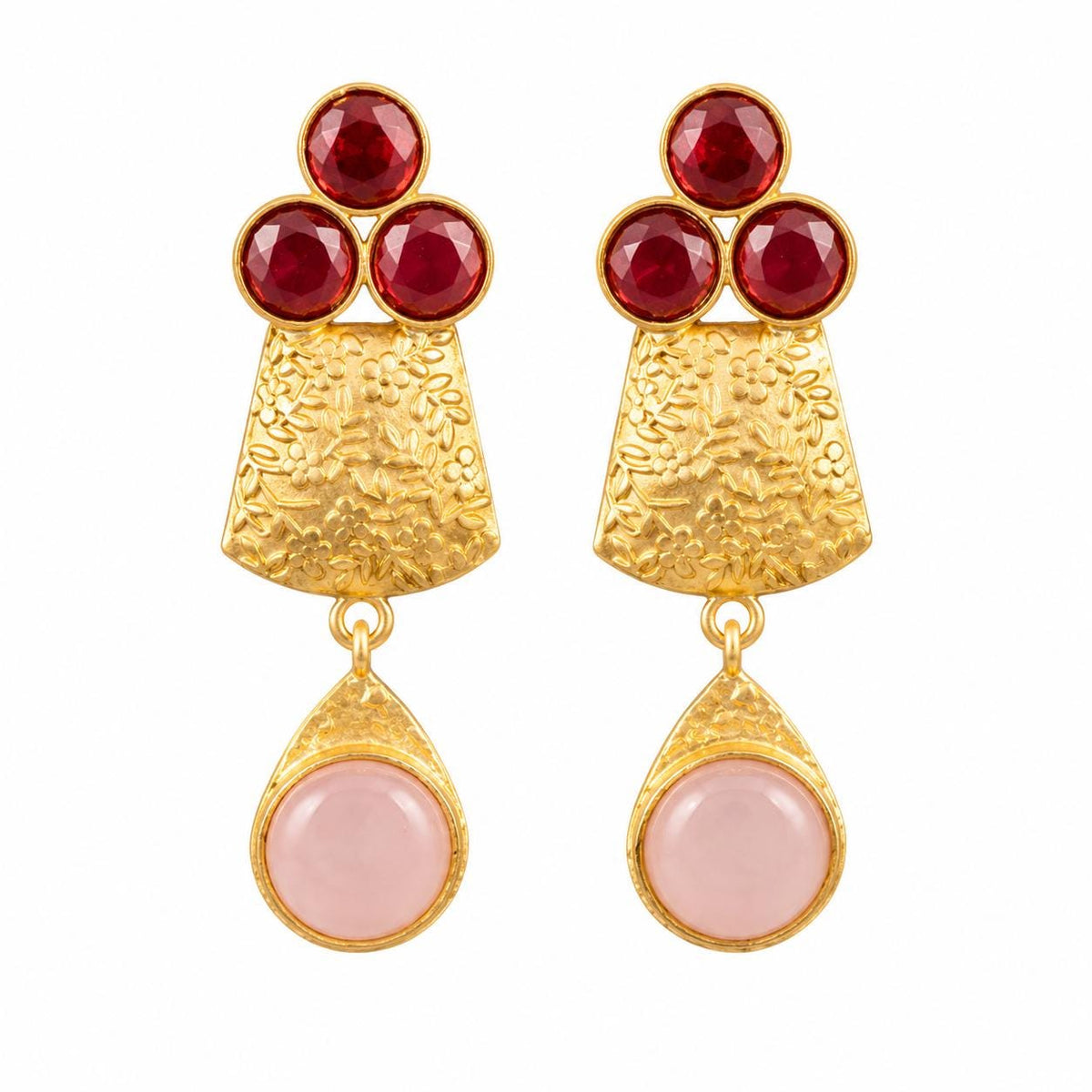 Gold Plated Floral Gemstone Earrings – Rose Quartz, Garnet, Hypoallergenic Design