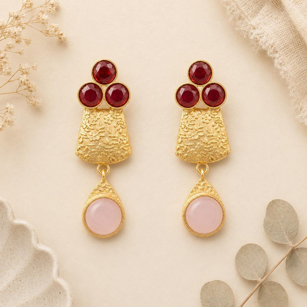 Gold Plated Floral Gemstone Earrings – Rose Quartz, Garnet, Hypoallergenic Design