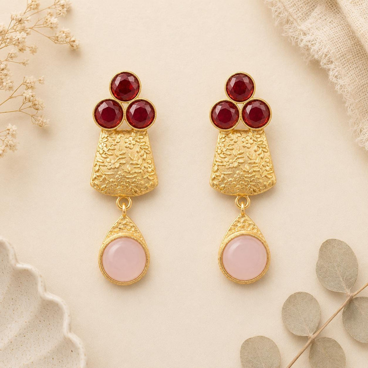 Gold Plated Floral Gemstone Earrings – Rose Quartz, Garnet, Hypoallergenic Design