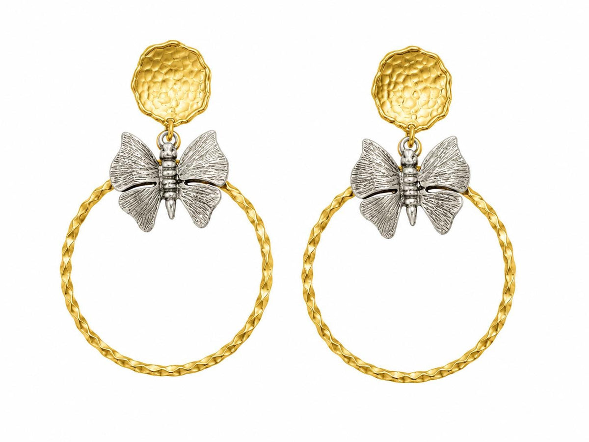 Bohemian Butterfly Hoop Earrings, Mixed Metal Gold Silver, Turkish Jewelry, Lightweight Statement