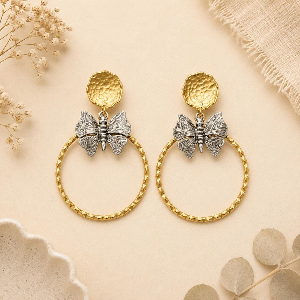Bohemian Butterfly Hoop Earrings, Mixed Metal Gold Silver, Turkish Jewelry, Lightweight Statement