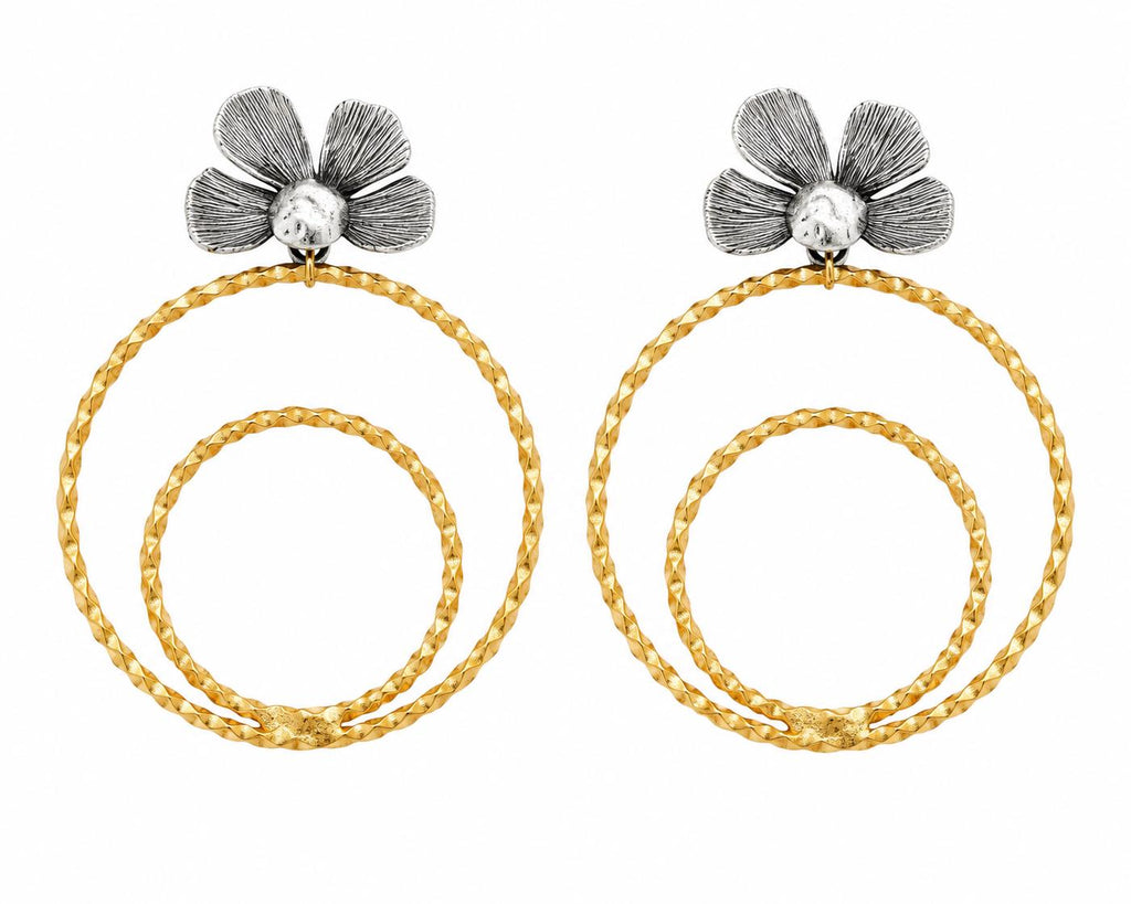 Elegant Turkish Flower Hoop Earrings, Unique Matte Gold Silver Dangle Studs