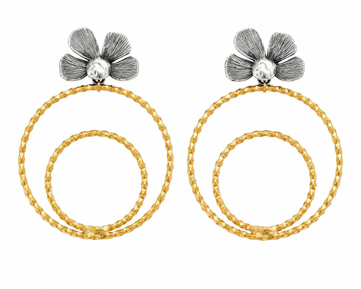 Elegant Turkish Flower Hoop Earrings, Unique Matte Gold Silver Dangle Studs
