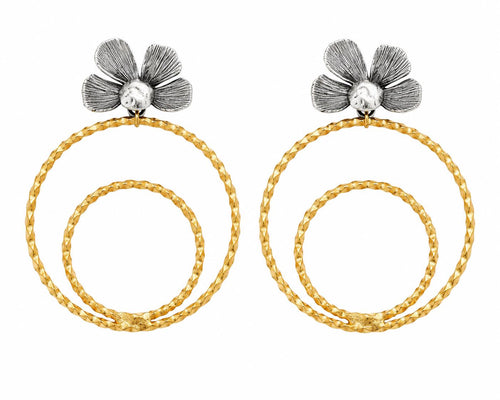 Elegant Turkish Flower Hoop Earrings, Unique Matte Gold Silver Dangle Studs