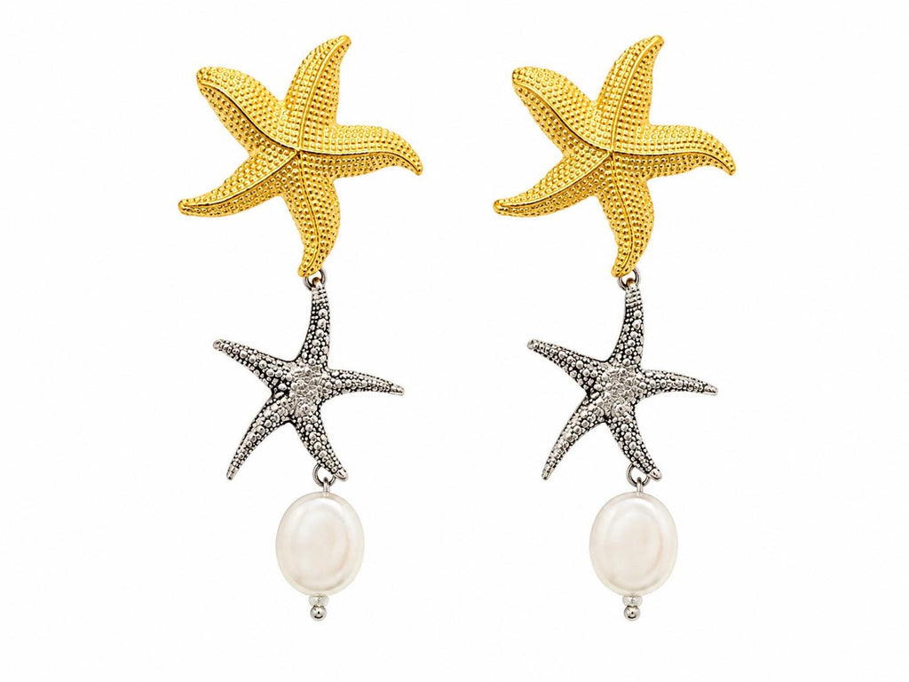 Gold Silver Starfish Pearl Dangle Earrings, Lightweight Coastal Jewelry