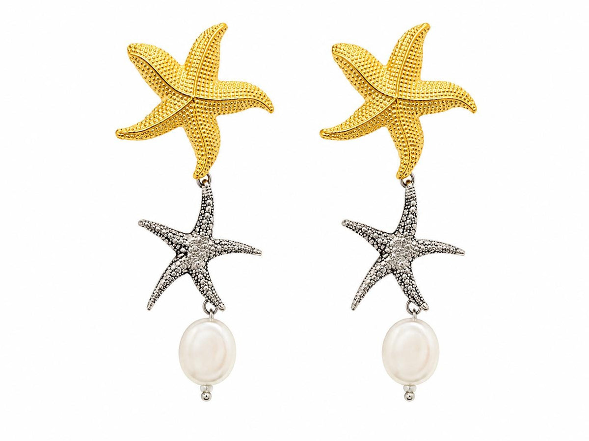 Gold Silver Starfish Pearl Dangle Earrings, Lightweight Coastal Jewelry
